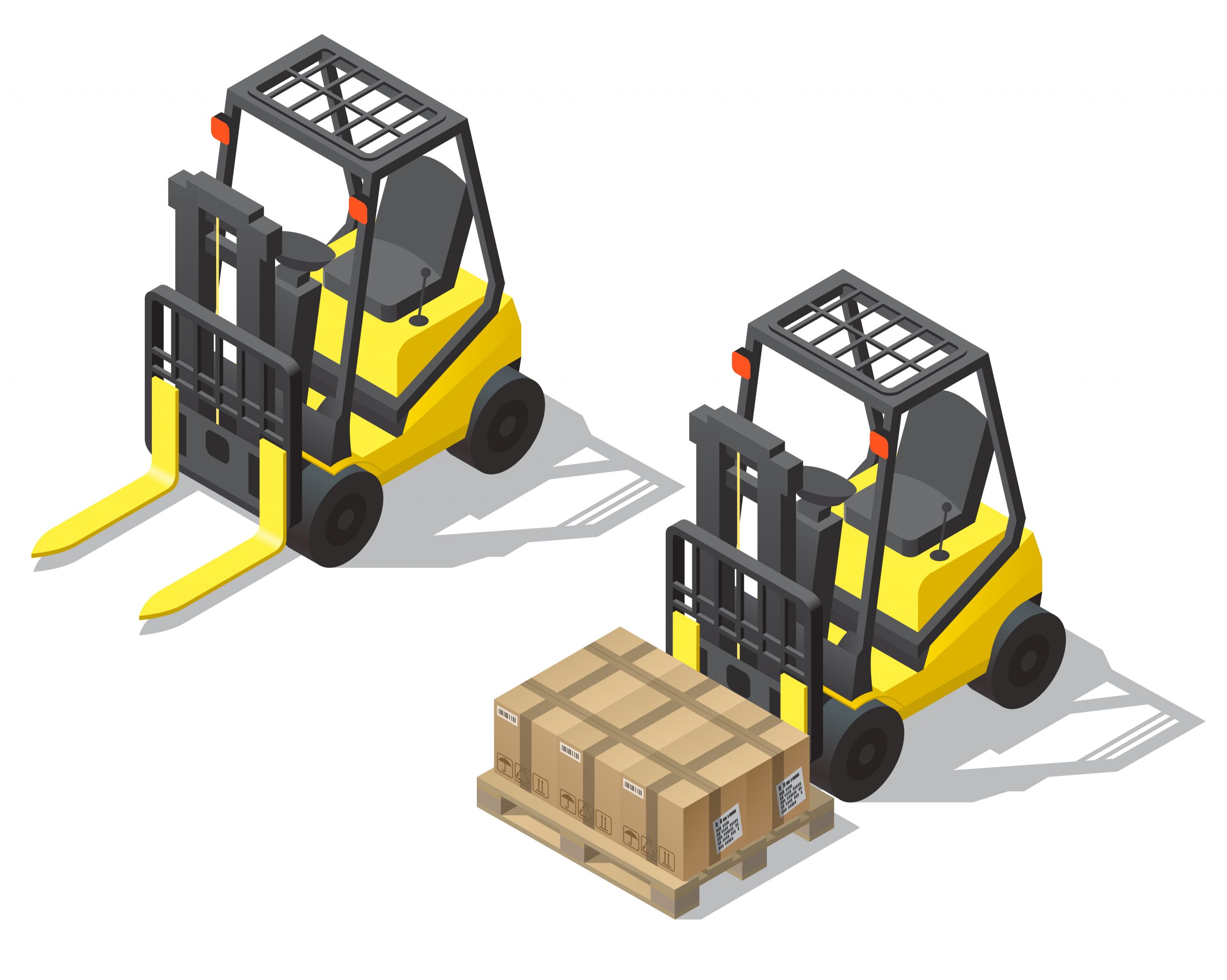 Vector 3d isometric forklift set isolated on white background. Empty yellow loader and machine with pallet, cardboard boxes for storage, warehouse. Shipping, logistic concept in isometry